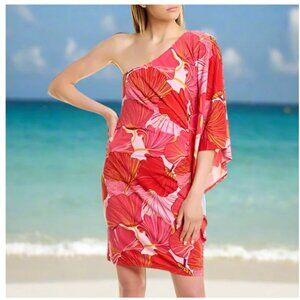 Trina Turk Mini Dress 12 Pink One Shoulder Floral Ruched Draped Bodycon